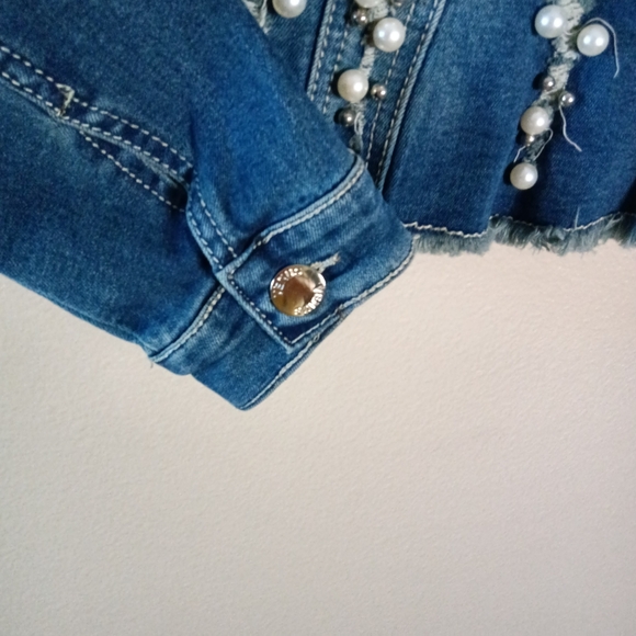 Venus Beaded Denim Jacket Blue Jean Button Down Pearls Size Small - Picture 6 of 13
